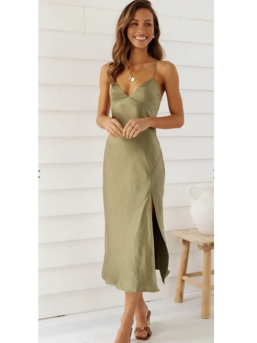 Hello Molly Smooth Sounds  Olive  Slip Midi Dress with Side Slit-4